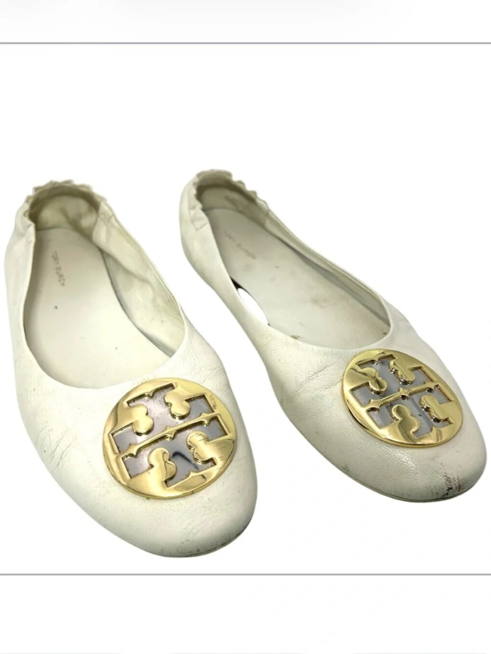 Tory Burch Reva Ballet Flats off white Leather Logo womans 8 gold silver shoes - Picture 11 of 11